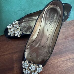 Kate Spade Black Flats with Gold Floral Embellishments